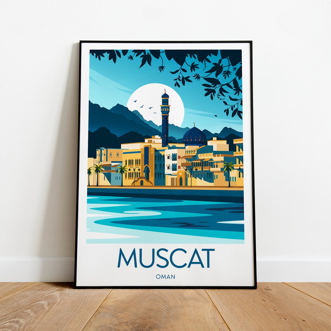 Muscat Oman Waterfront Old Town Mosque Minaret Moon Travel Poster