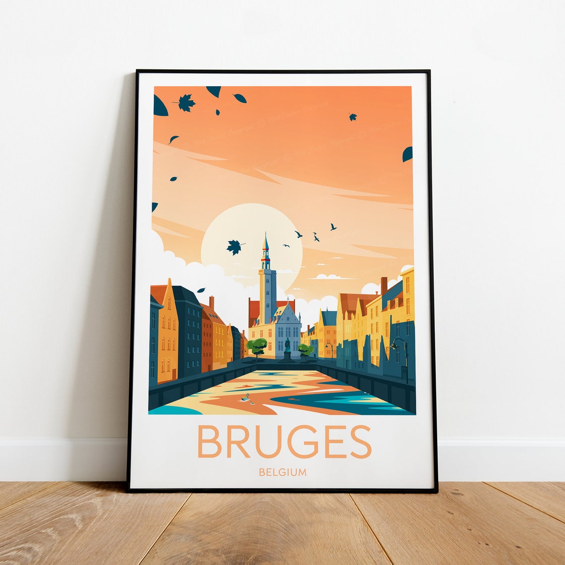 Bruges Belgium Canal Autumn Sunset Belfry Historic Scene Poster