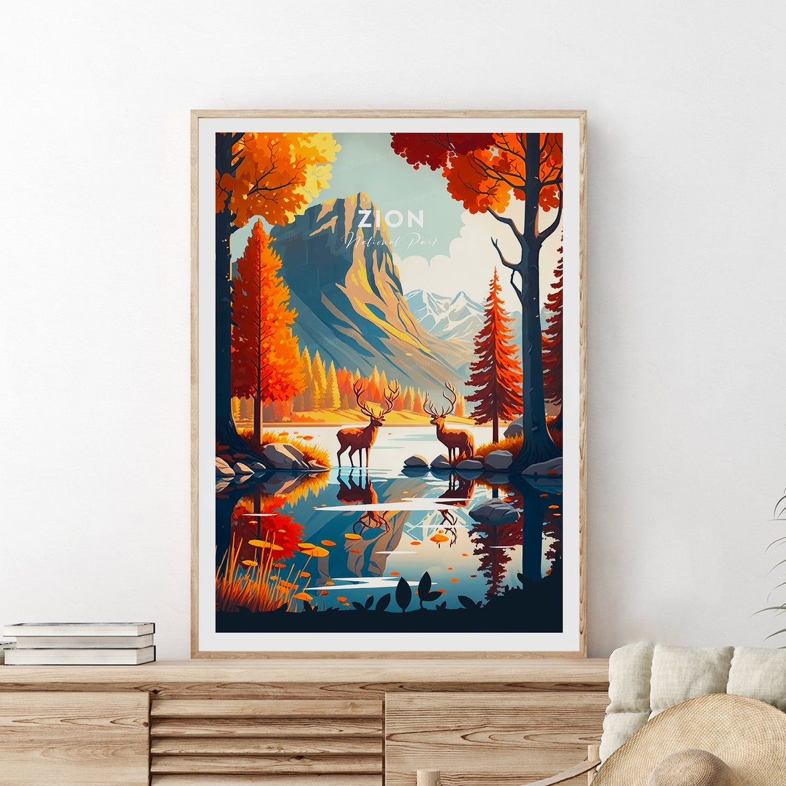 Zion National Park Autumn Elk Lake Reflection Scenic Travel Poster