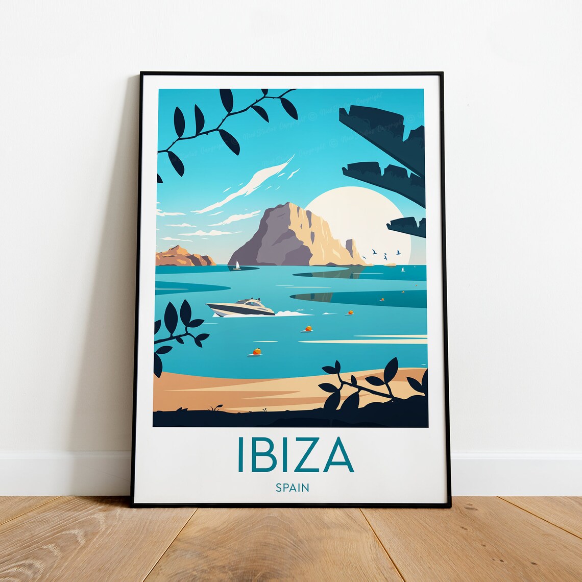 Ibiza Spain Turquoise Cove With a Boat and Rocky Islet Poster - Image 2