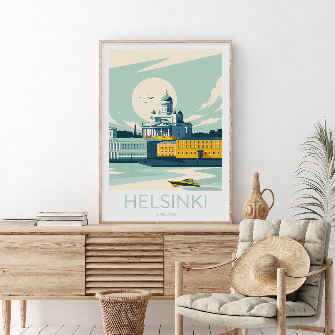 Helsinki Finland Cathedral and Harbor Boat Vintage Travel Poster
