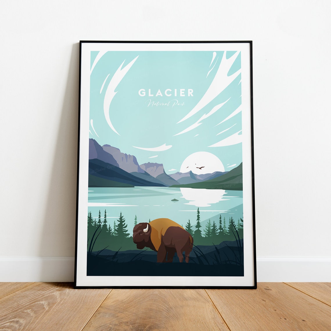 Glacier National Park Bison Lake Mountain Wilderness Travel Poster