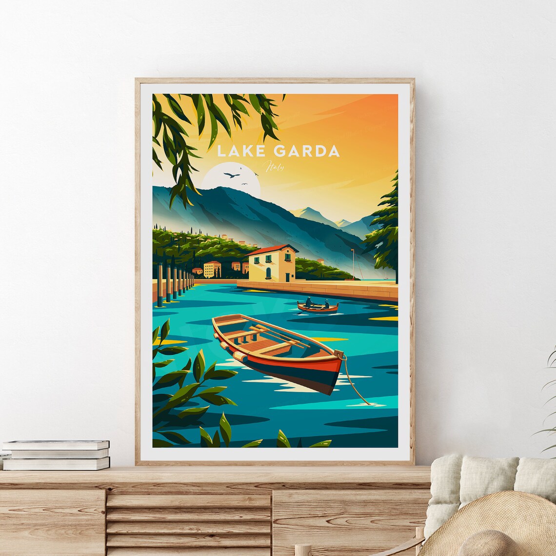 Lake Garda Italy Wooden Rowboat Sunset Mountainside Travel Poster - Image 2