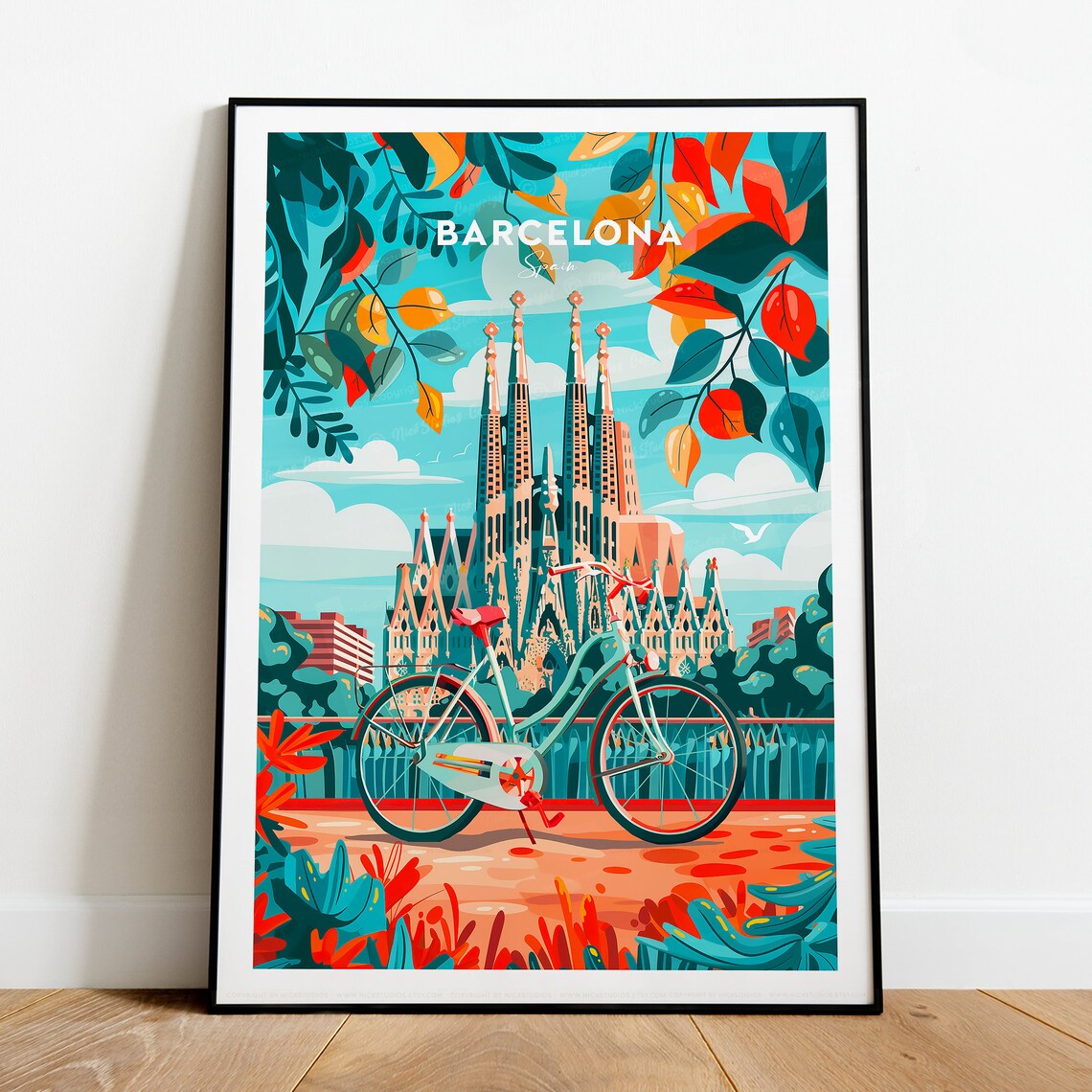 Barcelona Sagrada Familia Bicycle Street Colorful City Poster - Image 2