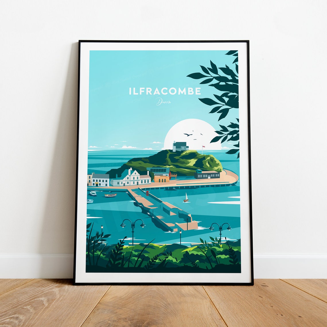 Ilfracombe Devon Harbor Hill Chapel Moonlit Coast Scene Poster - Image 2