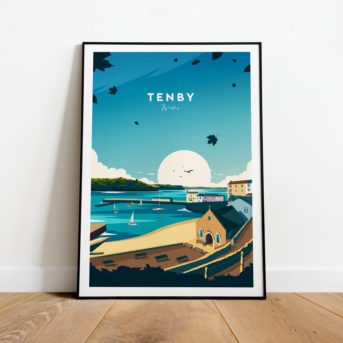 Tenby Wales Sailboat Harbor Sandy Beach Old Town Travel Poster - Image 2
