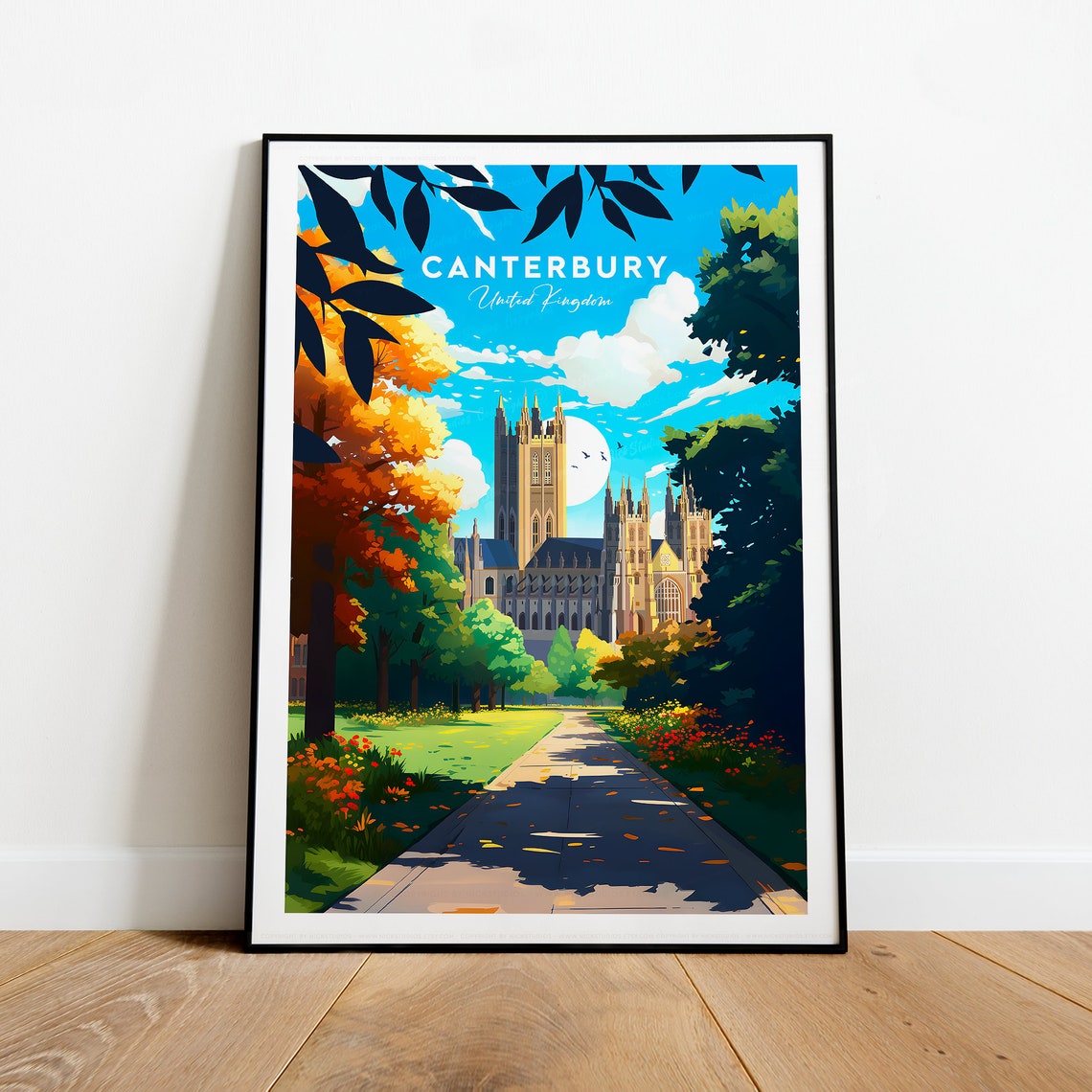 Canterbury Cathedral Framed by Golden Autumn Gardens Scene Poster