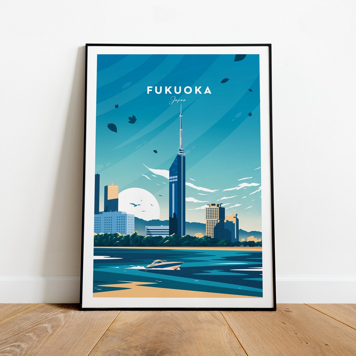 Fukuoka Japan Tower Bay Speedboat Vintage Skyline Travel Poster