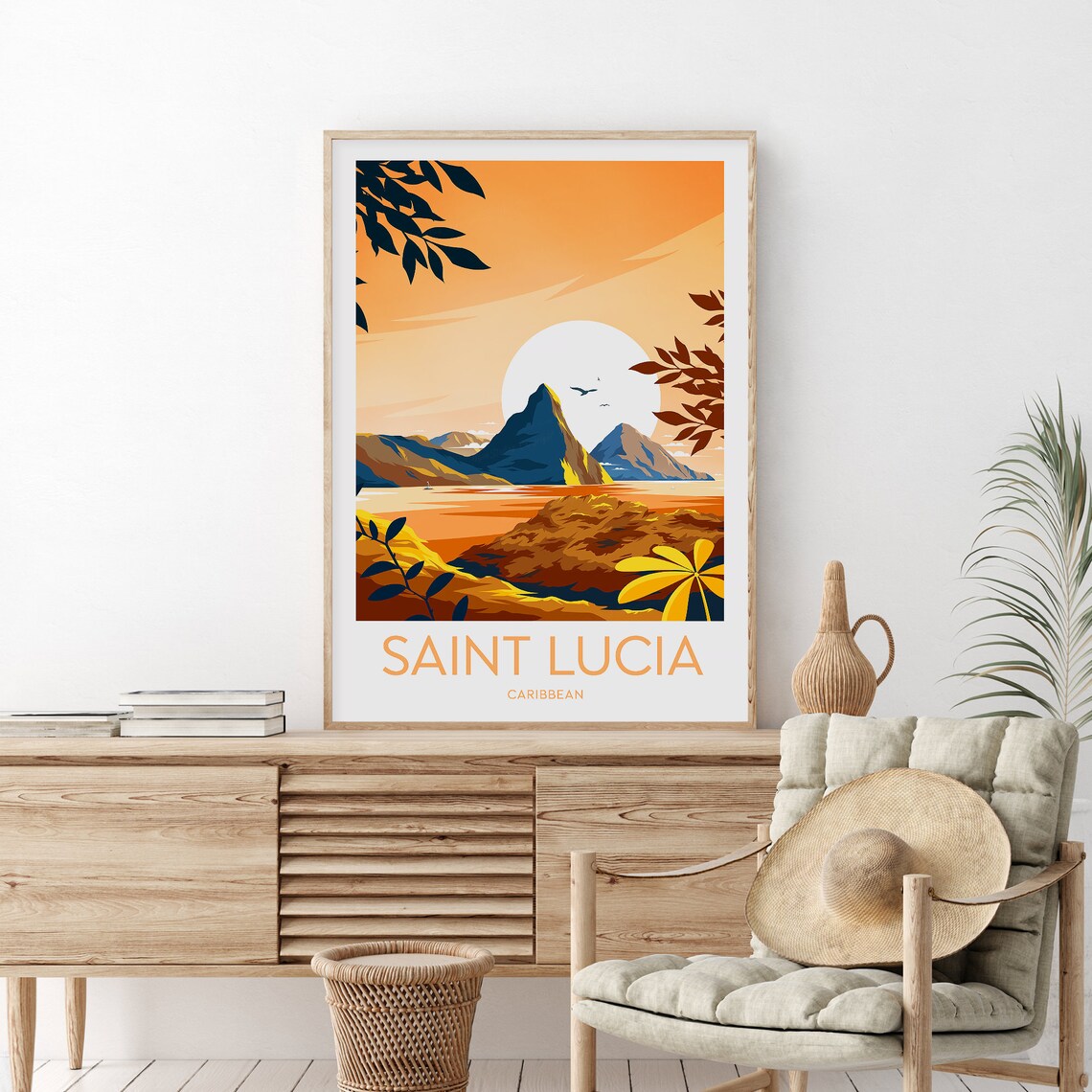 Saint Lucia Caribbean Pitons Sunset Over Tropical Bay Travel Poster