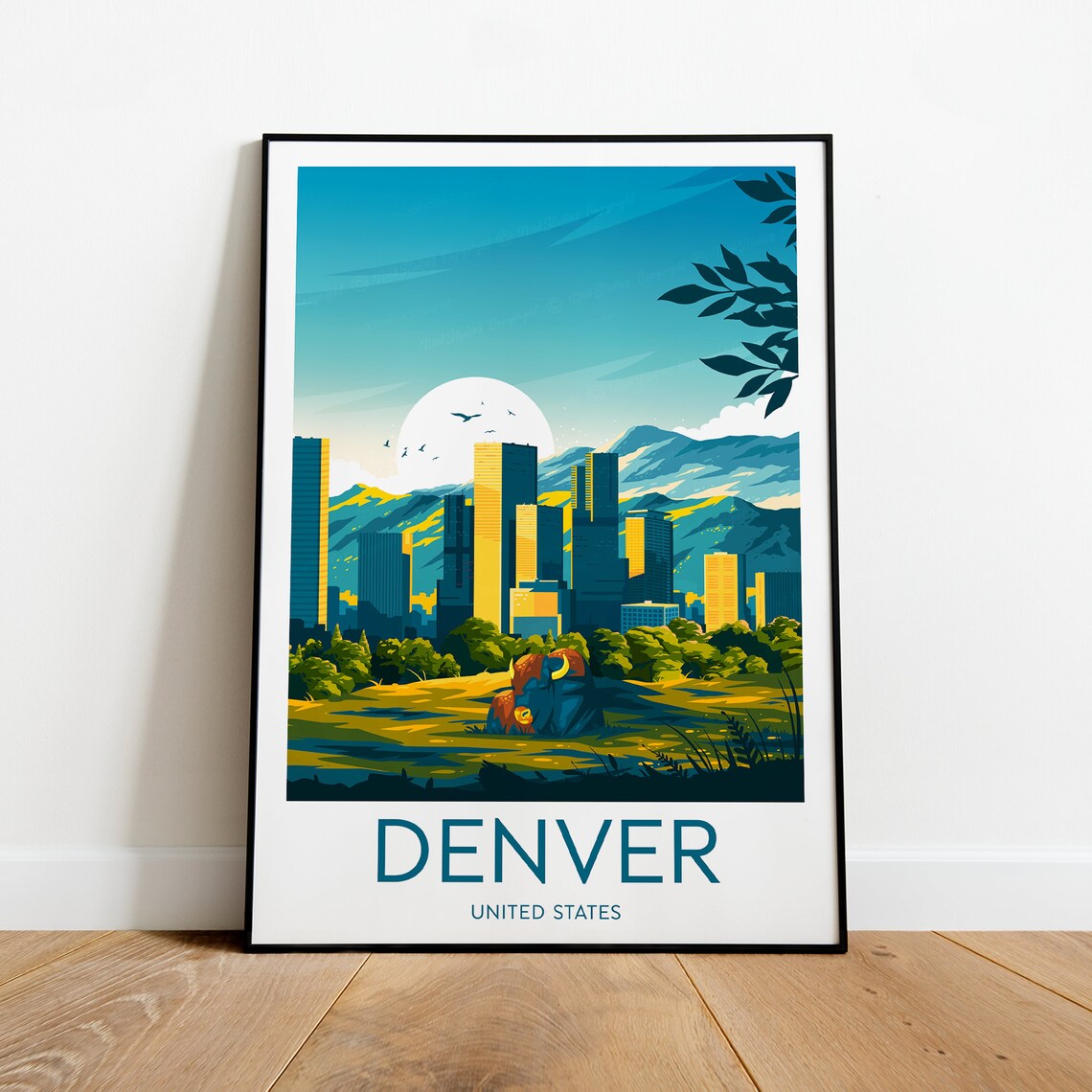 Denver Colorado Travel Poster, Mountain Skyline with Buffalo Scene