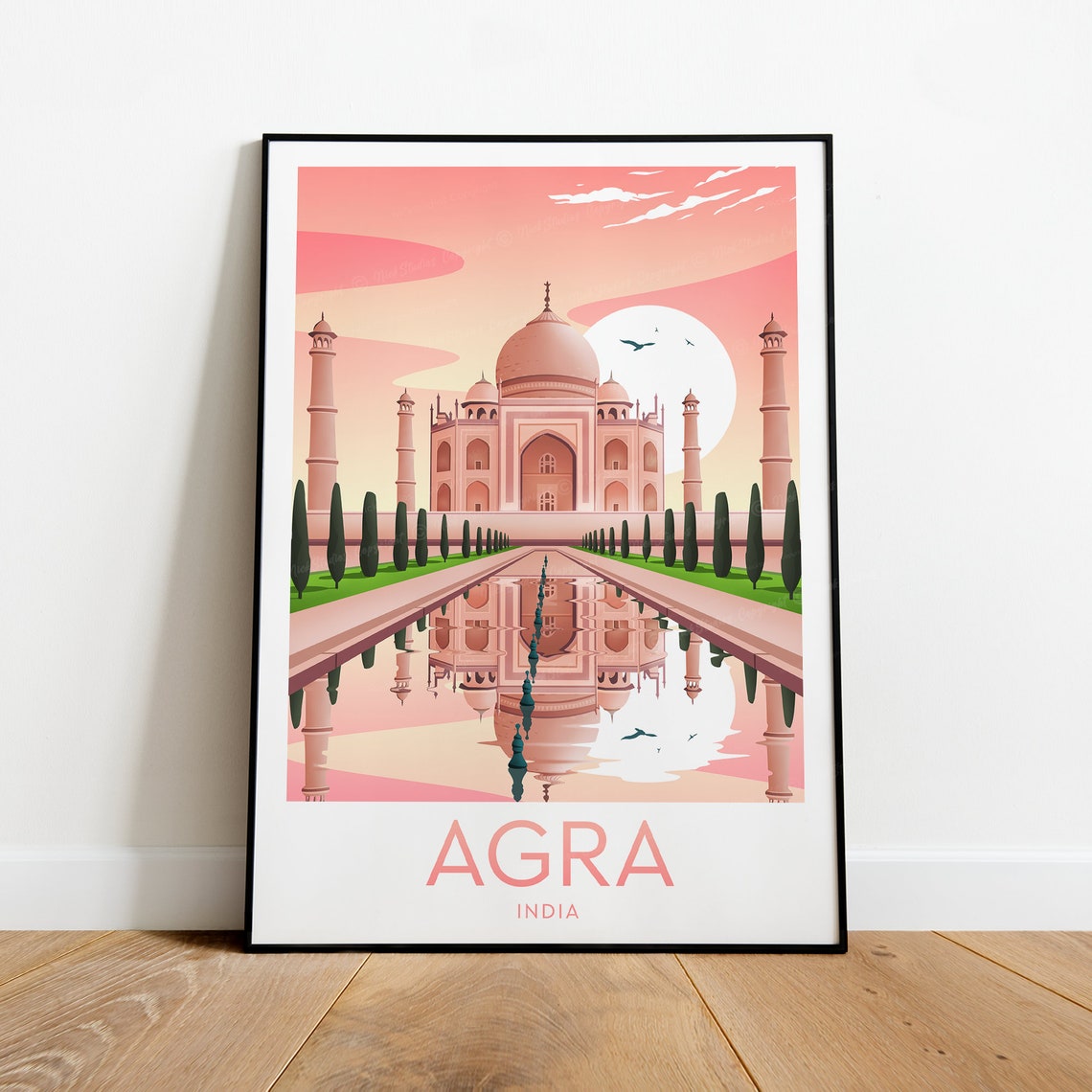 Agra India Taj Mahal Pink Sunset Reflection Art Travel Poster - Image 2