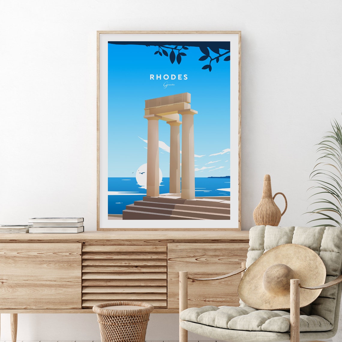 Rhodes Greece Ancient Temple Sea Sunset Column Ruins Travel Poster