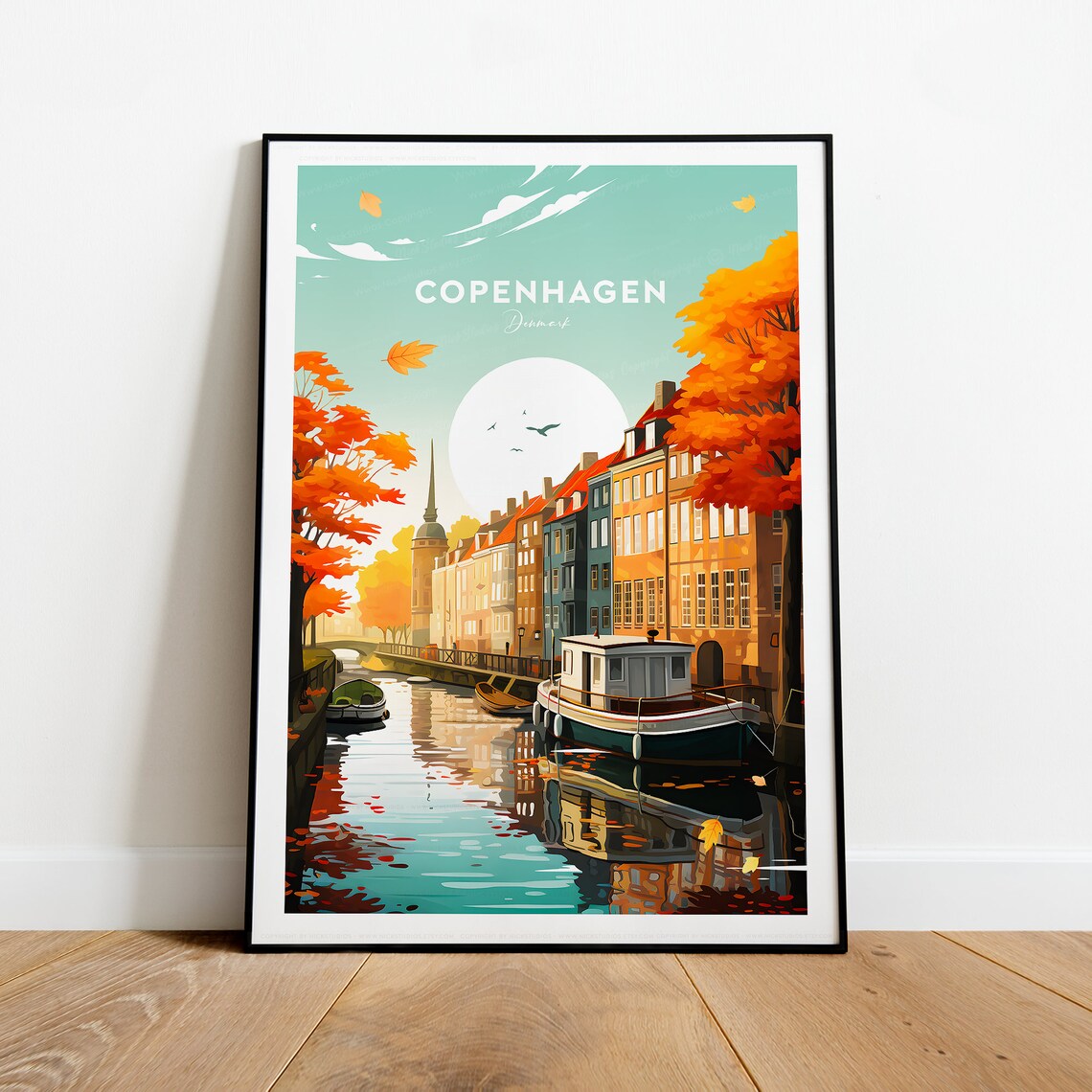 Copenhagen Denmark Autumn Canal Boats Golden Light Scenic Poster