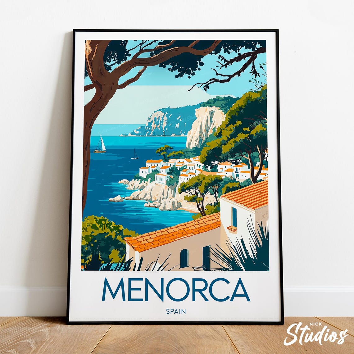 Menorca Spain Whitewashed Cliff Village Over Turquoise Sea Poster