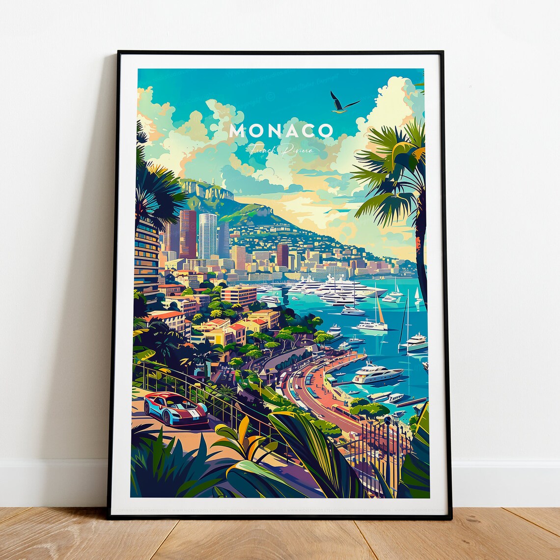 Luxury Monaco Monte Carlo Harbor Yachts and Riviera Sports Car Poster