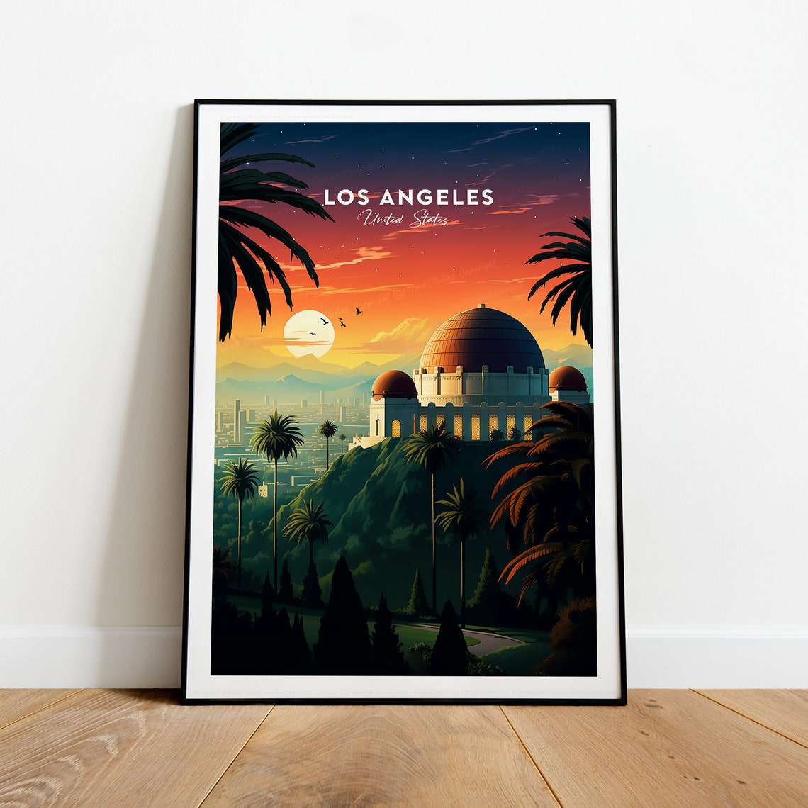Los Angeles Griffith Observatory Sunset Palm Trees Travel Poster