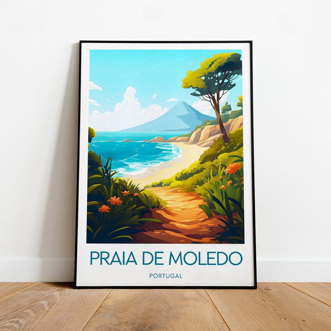Praia De Moledo Portugal Beach Cove Caption Vintage Travel Poster