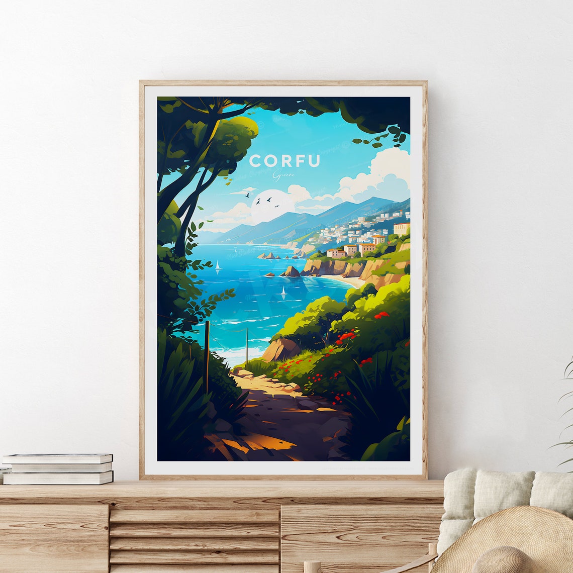 Corfu Greece Coastal Path Turquoise Bay Scenic View Travel Poster