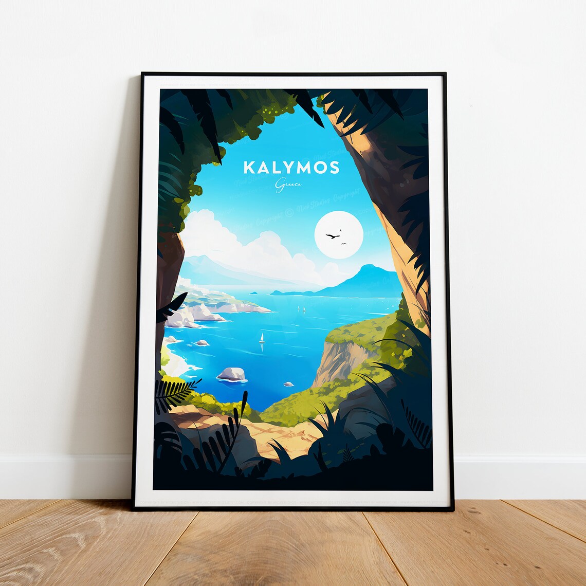 Kalymos Greece Cave Bay View Aegean Sea Sailboats Travel Poster