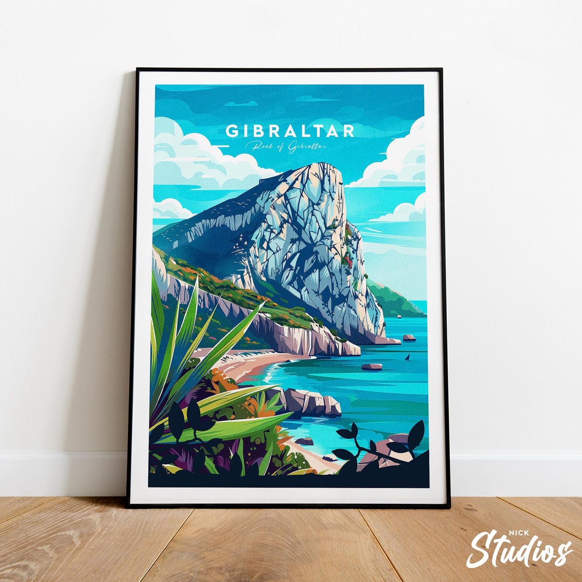 Gibraltar Rock Coastal Beach Cliffs Retro Mediterranean Travel Poster