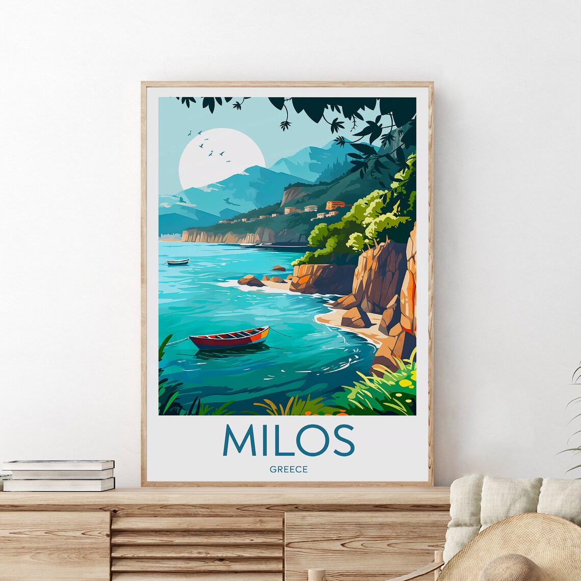 Milos Greece Turquoise Bay With Red Fishing Boat Vintage Travel Poster