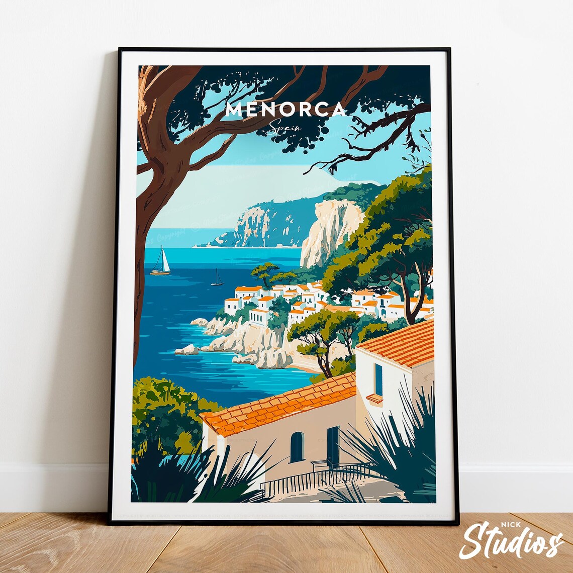 Menorca Spain Cliffside Coastal Town with Sailboats Classic Poster