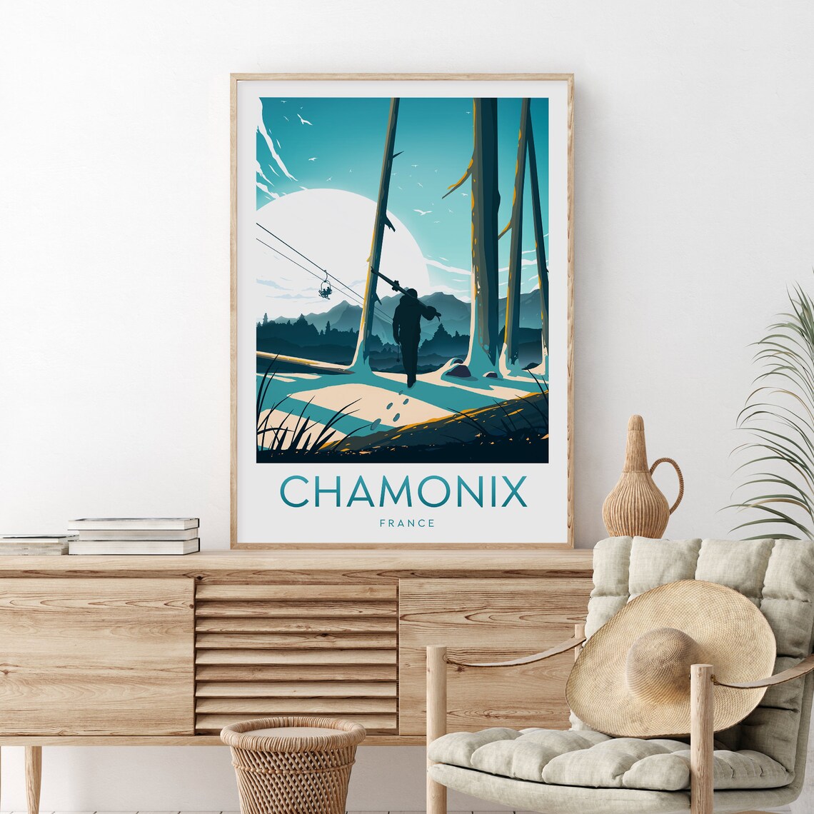 Chamonix France Skier Walking Pine Forest Chairlift Travel Poster