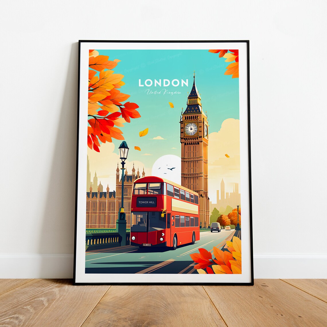 London United Kingdom Big Ben Red Bus Autumn Vintage Travel Poster - Image 2