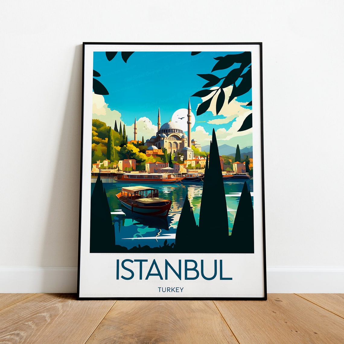 Istanbul Turkey Mosque Waterfront Boats Vintage Travel Poster