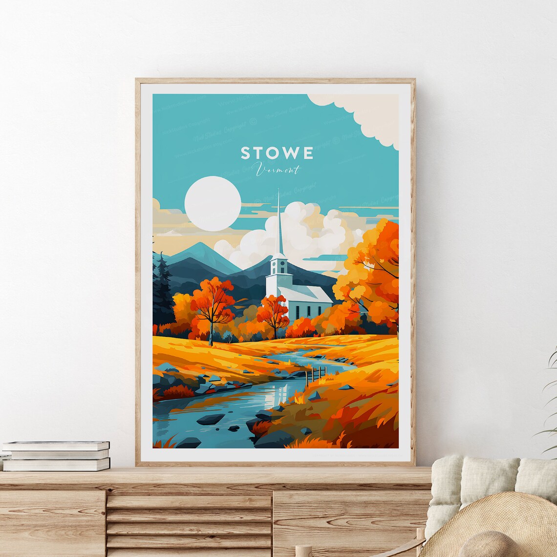 Stowe Vermont Autumn Church Stream Mountain Fall Foliage Poster - Image 2