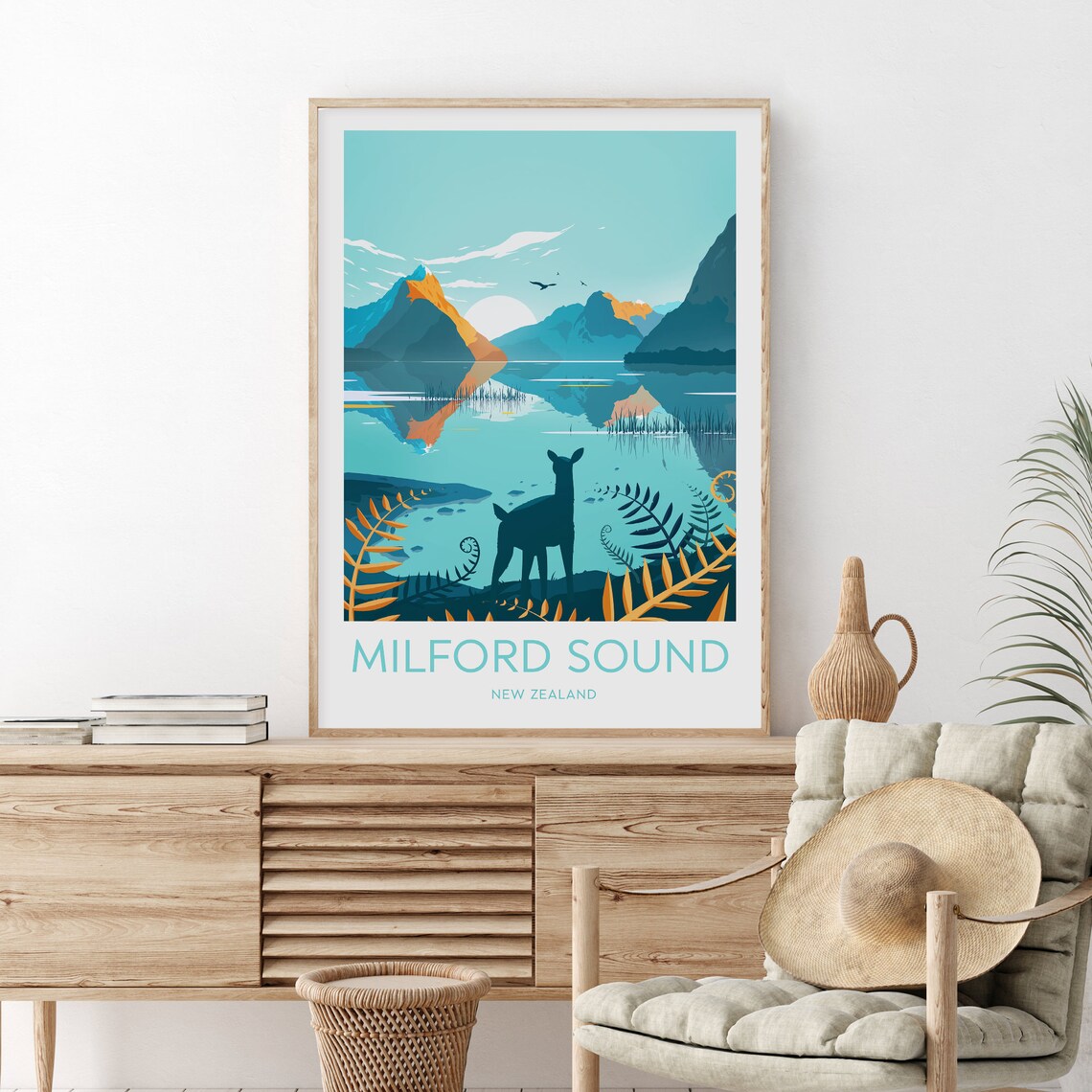 Milford Sound New Zealand Fjord Deer Ferns Travel Wall Poster
