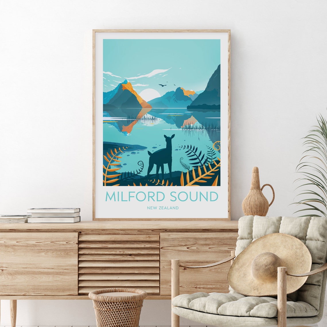 Milford Sound Travel Print New Zealand Milford Sound Poster New Zealand Art Wedding Gift