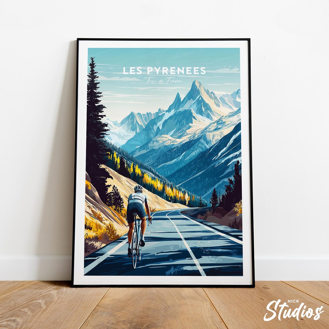 Les Pyrenees Tour de France Traditional Poster Cyclist Mountain View