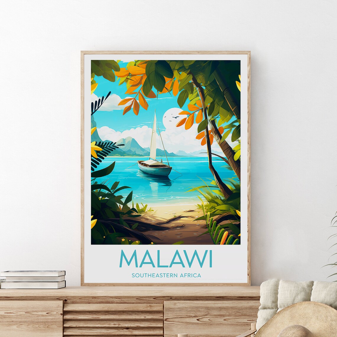 Malawi Southeastern Africa Lake Sailboat Paradise Travel Poster