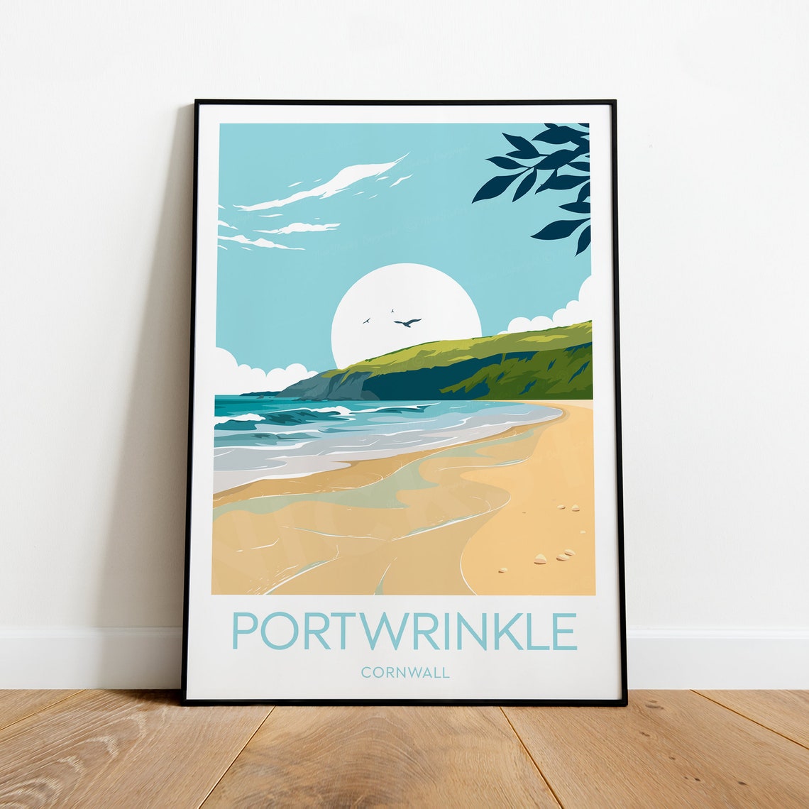 Portwrinkle Cornwall Sandy Beach With Green Cliffs Travel Poster