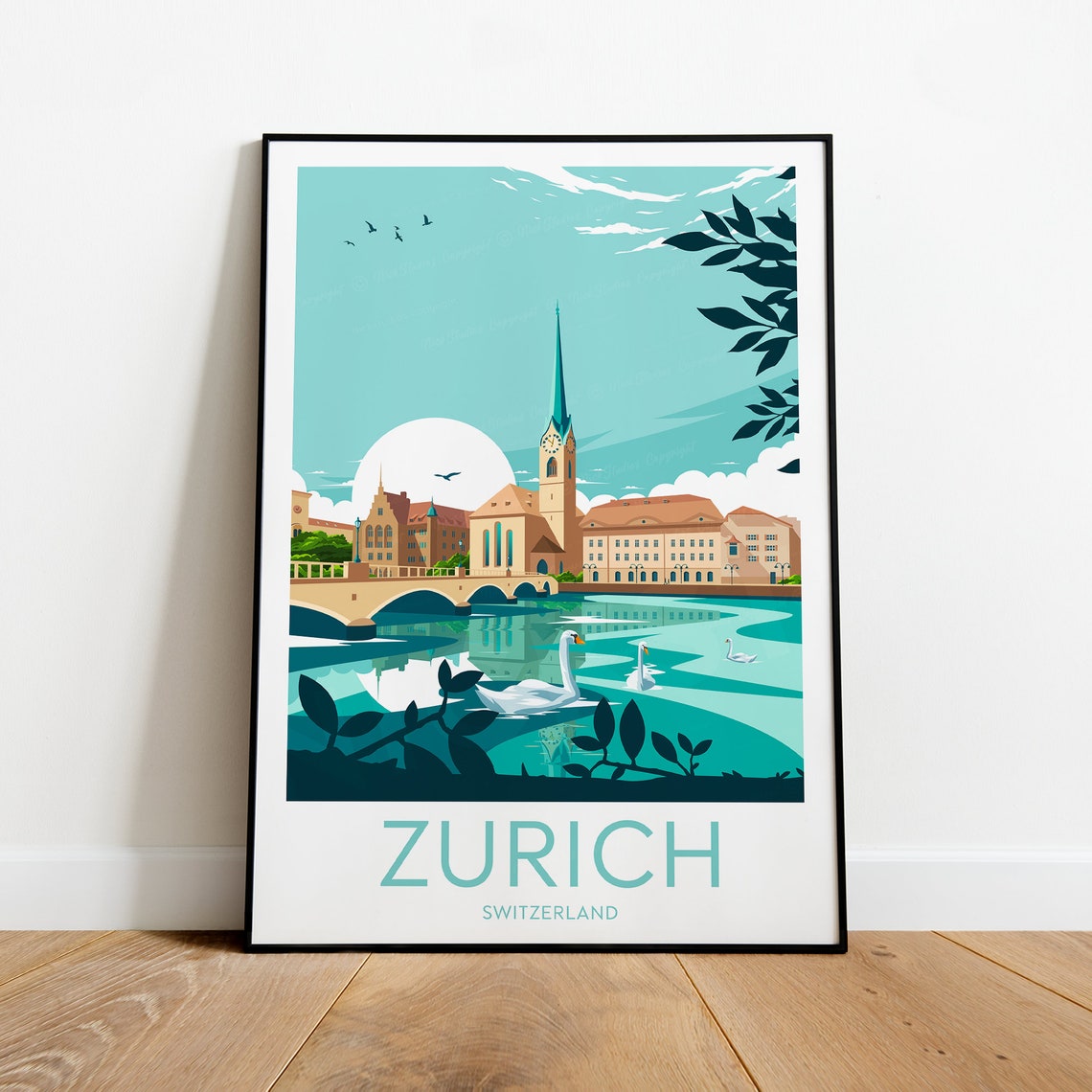 Zurich Switzerland Swans on Glassy River Old Town Travel Poster - Image 2