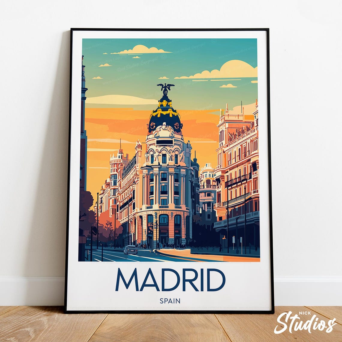 Madrid Gran Via Metropolis Building Retro Sunset Travel Poster