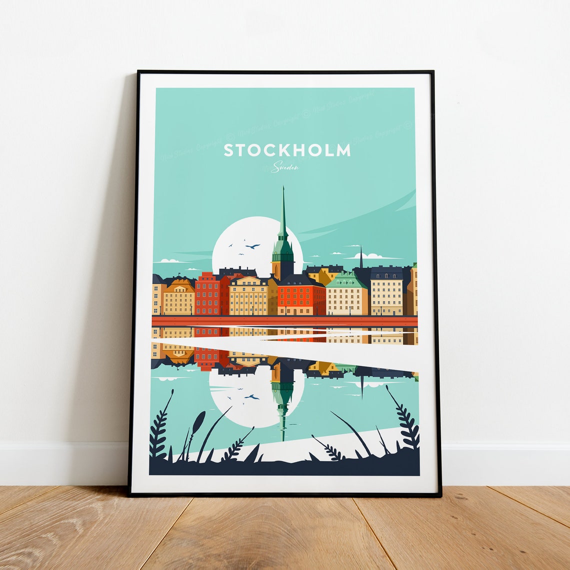 Stockholm Sweden Harbor Skyline Reflection Sunset Scene Poster - Image 2