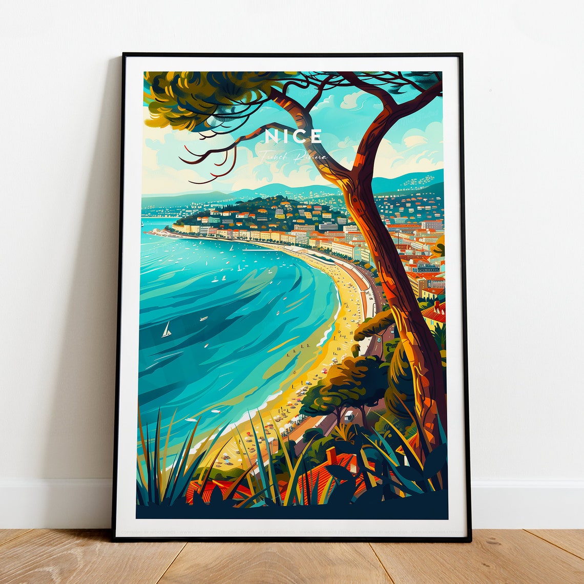 Nice French Riviera Beach Promenade Pine Tree View Travel Poster