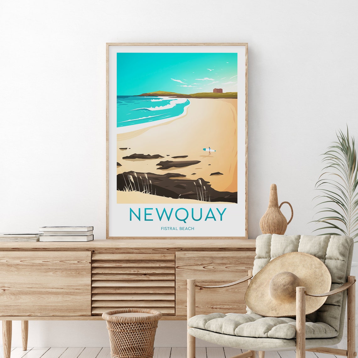 Newquay Fistral Beach Cornwall Surfer and Turquoise Waves Poster