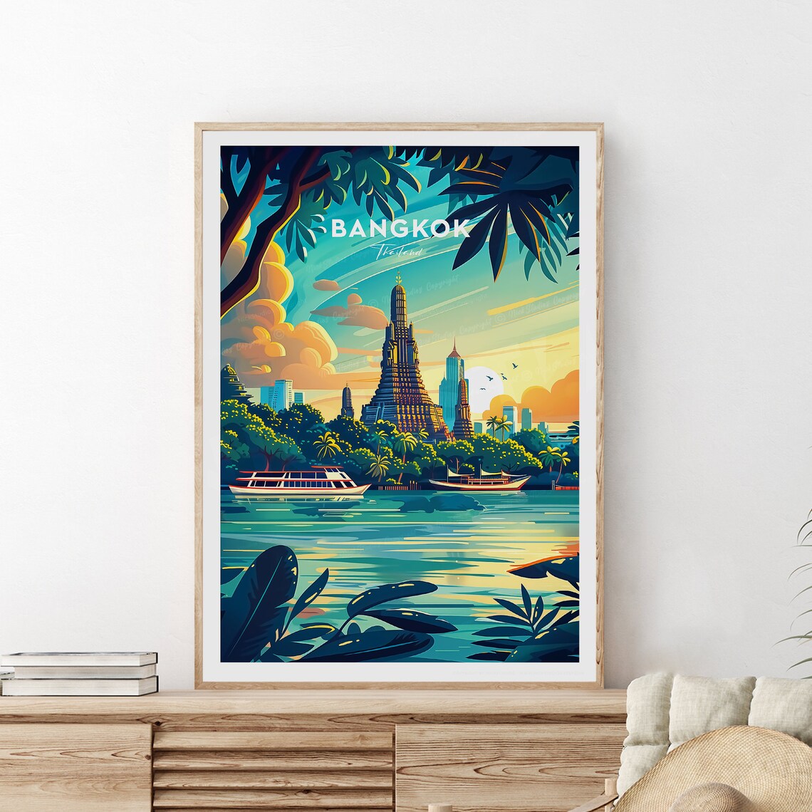 Bangkok Thailand Wat Arun Riverside Temple Twilight Evening Poster - Image 2