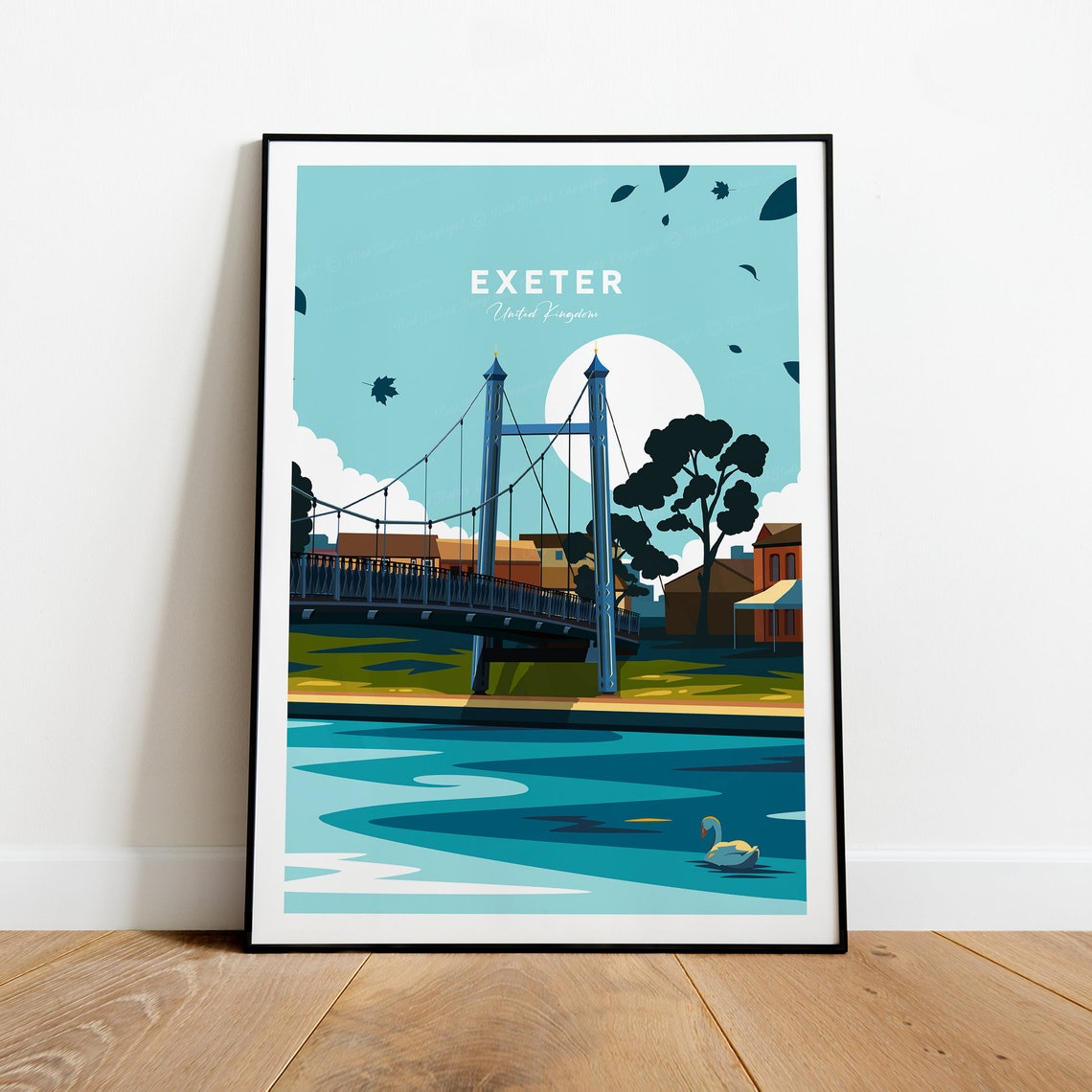 Exeter Riverside Bridge Swan Sunset Vintage Travel Poster UK