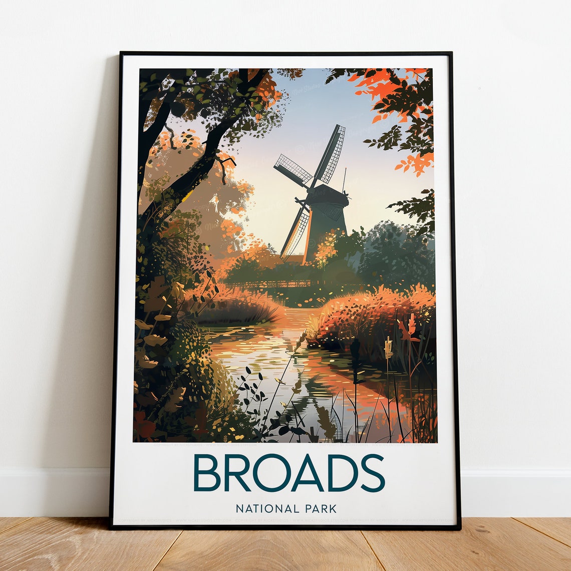 Broads National Park Windmill Reeds Golden Light Travel Poster