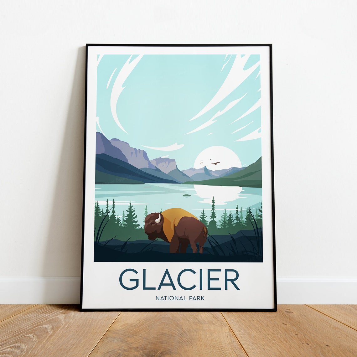 Glacier National Park Bison at Mountain Lake Moonlit Sunset Poster