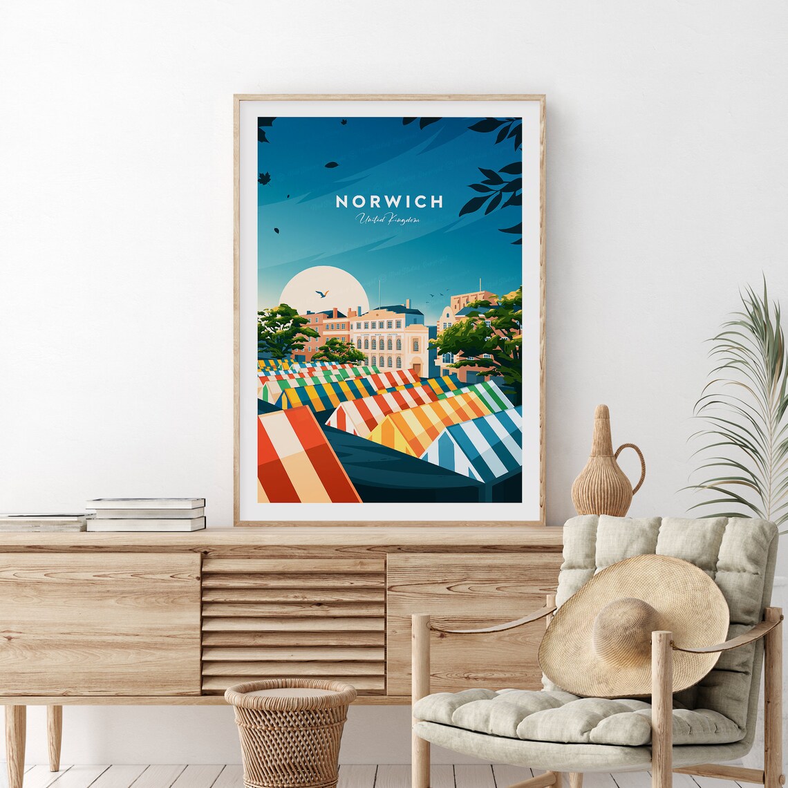 Norwich UK Market Stalls Striped Canopies City Hall Travel Poster - Image 2