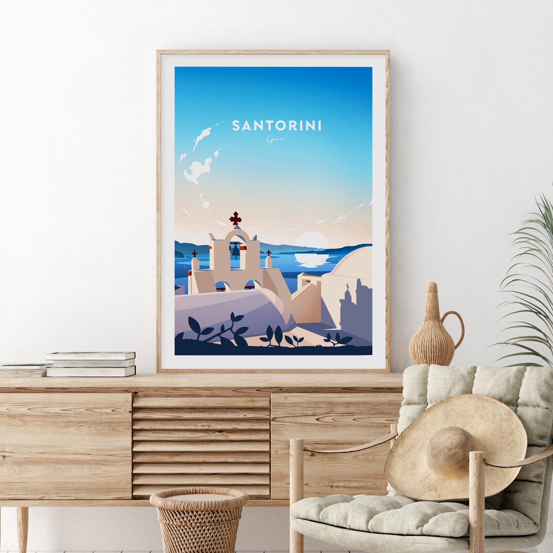 Santorini Greece White Church Caldera View Sunset Travel Poster