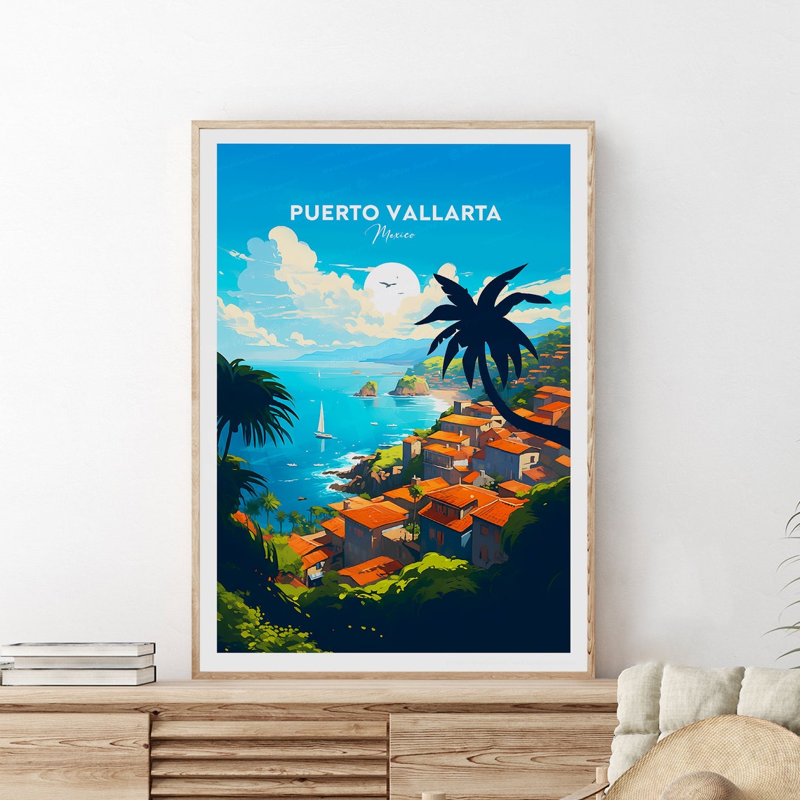 Puerto Vallarta Mexico Hillside Bay Sailboat Sunset View Poster - Image 2