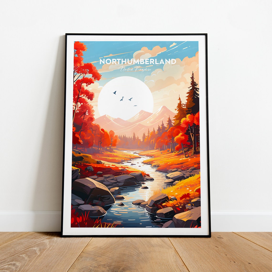 Northumberland UK Autumn Forest Stream Mountain View Travel Poster - Image 2