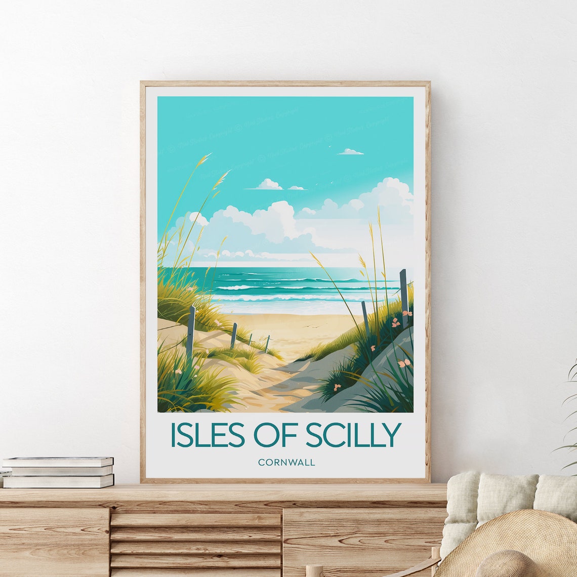 Isles Of Scilly Cornwall Sandy Dune Path Azure Sea Travel Poster