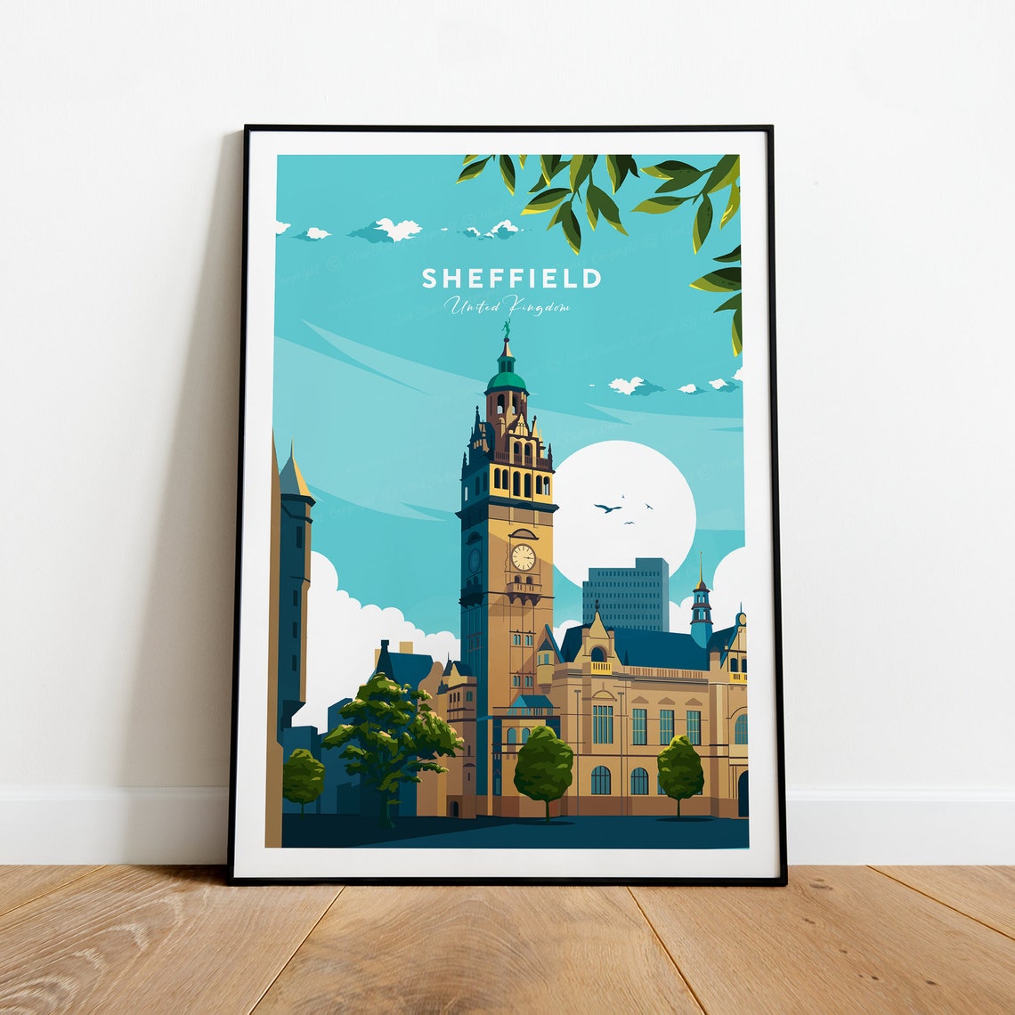 Sheffield UK Town Hall Clock Tower Sunny Blue Day Travel Poster